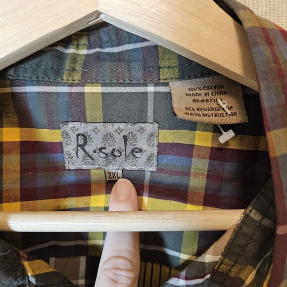 R. Sole Mens 2XL Mixed Print Plaid Yellow Green Blue Long Sleeve Streetwear - Picture 7 of 9